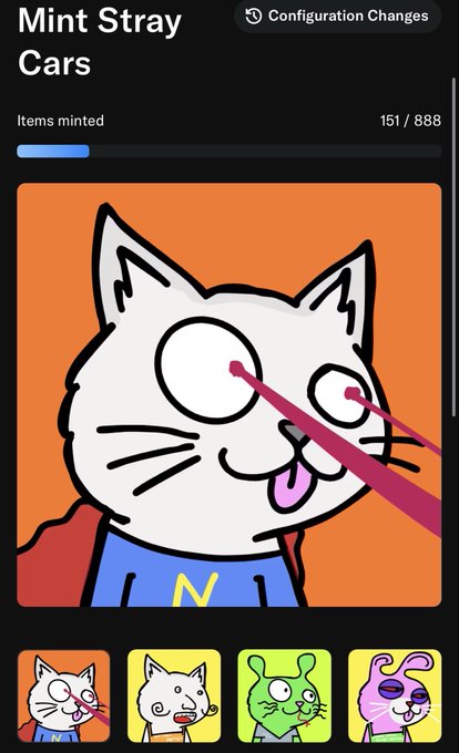 A screenshot of an NFT minting page titled 'Mint Stray Cars', showing 'Items minted 151 / 888' and featuring a cartoon white cat with one large eye and a pink laser beam shooting from it.
