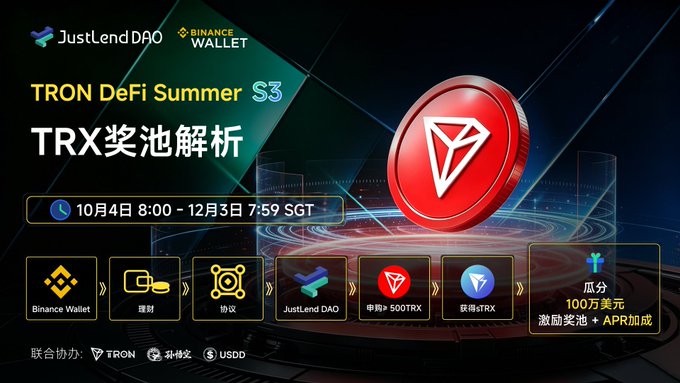 A promotional banner for 'TRON DeFi Summer S3' in Chinese explaining the TRX prize pool, featuring logos for JustLend DAO and Binance Wallet, with a red TRX coin and a reward of '100万美元' (1 million USD).