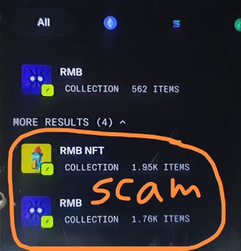 A screenshot of NFT collections marked with the word 'SCAM' circled in orange, flagged onto the 'RMB NFT' and 'RMB' collections.