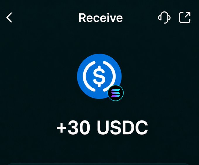 A MetaMask "Receive" screen displaying a blue USDC token logo with the text "+30 USDC" below it, illustrating a crypto wallet interface for receiving a USDC reward payment.