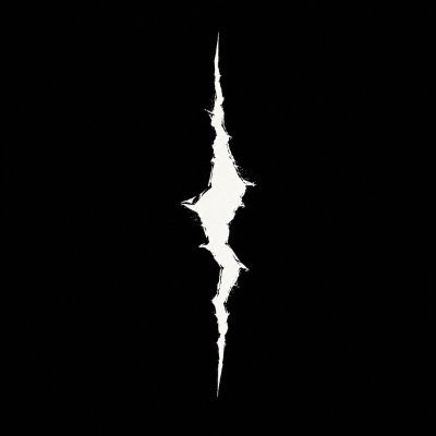 A white, jagged, vertical silhouette resembling a crack or lightning bolt against a solid black background.