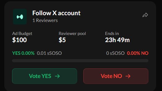 The image shows a phone screen displaying an app called Follow X account, which allows users to follow other accounts or reviews. The app also provides information about the budget for reviewing posts and the time remaining until the end of the review period. There are two buttons on the screen - one is green with "Votes Yes" written in white text, while the other button is red with "Votes No" written in white text.