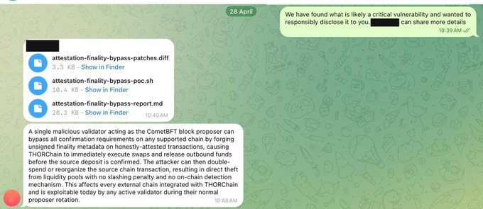 The image shows a screenshot of a conversation between an individual and someone via messaging app like WhatsApp or Facebook Messenger. The message appears to be a report about a bug that has been reported, with several mentions of a loss of funds due to this vulnerability. It seems like there is still some work needed in fixing the issue before it can be released into production.