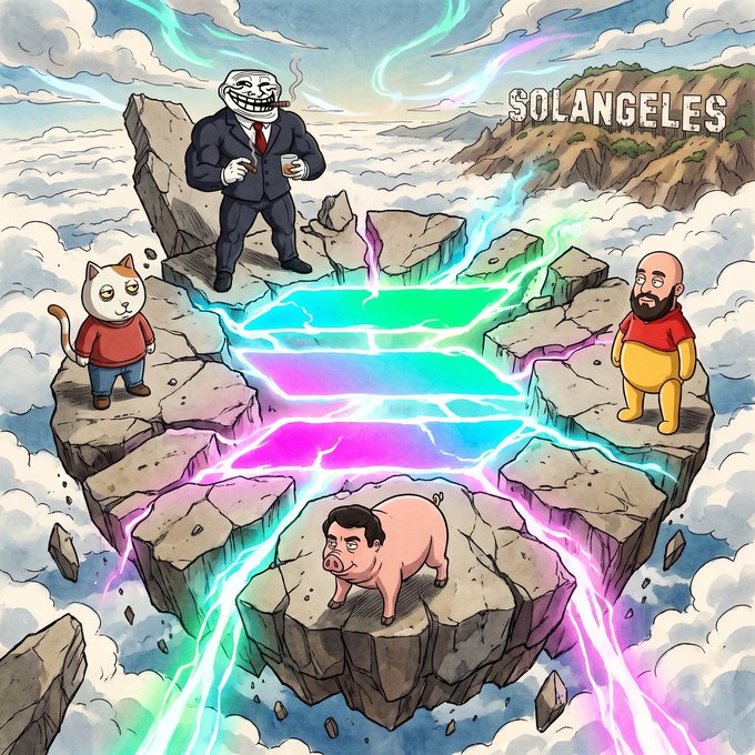 A cartoon illustration showing three figures—a troll-faced man in a suit, a cat character, and a yellow-shirted figure—standing on floating rocky islands above a glowing neon void, with a pig on a central rock and 'SOLANGELES' written on a distant cliff.