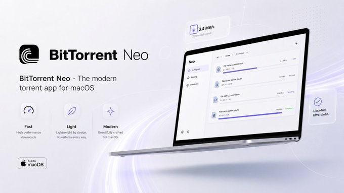 A promotional graphic for BitTorrent Neo, described as 'The modern torrent app for macOS' featuring a laptop displaying the app interface with download speeds of 3.4 MB/s.