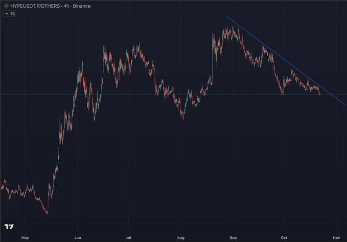 A dark TradingView chart shows HYPEUSDT.POTHERS on Binance (4-hour), spanning May through November 2025, with a blue descending trendline drawn from the September peak toward November. The sustained decline from the late-August/September highs supports the post’s implication that HYPE may be vulnerable to a sudden “super bullish” narrative or news-driven pump.