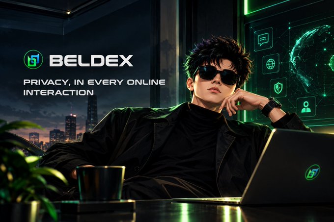 A promotional graphic for "BELDEX" featuring a stylized young man wearing sunglasses and a black jacket at a laptop, with the tagline "PRIVACY, IN EVERY ONLINE INTERACTION" displayed alongside a green digital globe and icon overlays.