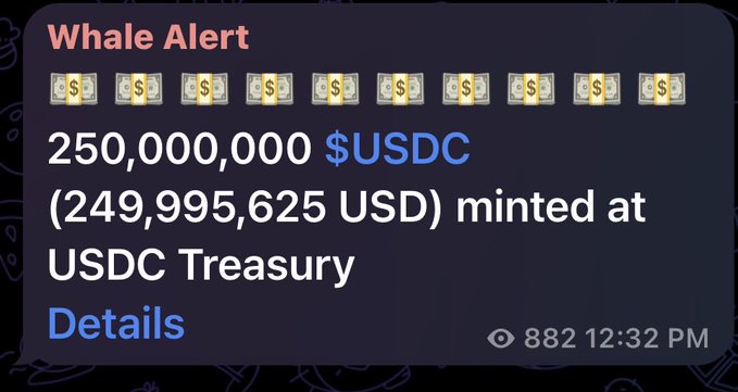 A Whale Alert notification shows 250,000,000 USDC (worth $249,995,625 USD) minted at the USDC Treasury, visualized with stacks of dollar emojis. The post uses this minting event to argue that new USDC liquidity is being issued on Solana rather than the XRP Ledger, urging followers to "follow the money" rather than remain tribal about blockchain networks.