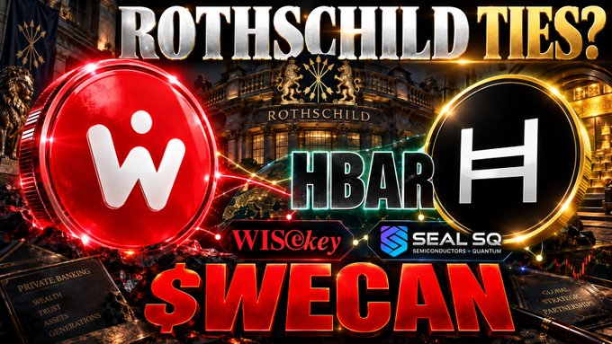 A conspiracy-style graphic features a large red 'W' coin (WISeKey) and a black 'H' coin (HBAR by SEAL SQ) connected by light beams, with 'ROTHSCHILD TIES?' written above and '$WECAN' at the bottom.