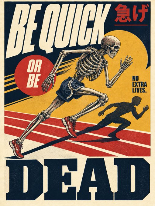 A vintage-style propaganda poster featuring a running skeleton wearing sneakers and shorts, with the bold text 'BE QUICK OR BE DEAD' alongside Japanese characters and the phrase 'NO EXTRA LIVES.'