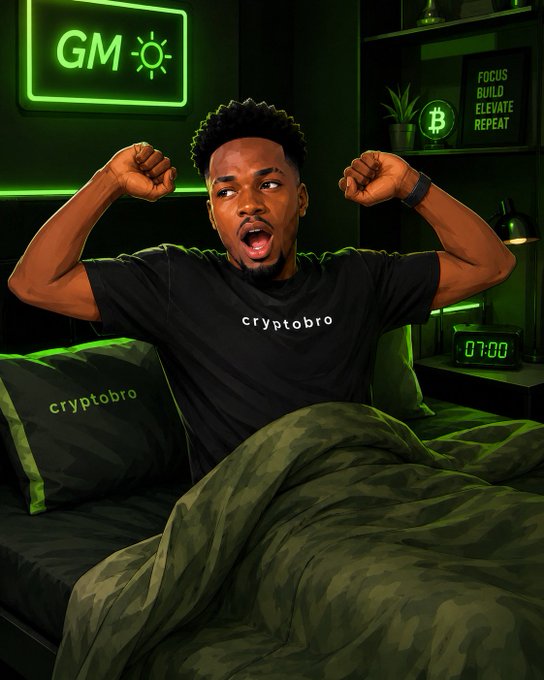 The post says: "good morning CT".

Caption: A man stretches in bed wearing a "cryptobro" t-shirt in a neon-green lit room, accompanied by a "GM ☀️" sign and a Bitcoin coin, embodying the morning greeting to the crypto community.

Key text visible: "GM ☀️" (neon sign), "cryptobro" (shirt/pillow), "07:00" (clock), and "FOCUS BUILD ELEVATE REPEAT" (framed sign).