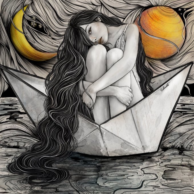 An intricate black and white illustration of a long-haired woman curled up in a paper boat floating on rippling water, with golden orbs resembling planets in the background.