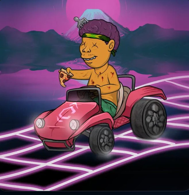 A digital illustration depicts a cartoon figure with an afro wearing a cap that says 'FRICK', driving a pink buggy with a logo across a neon grid landscape under a pink sky.