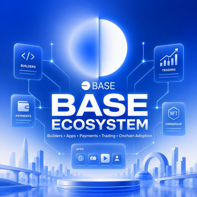 The image features an advertisement for a new app called "Base ecosystem". The app is designed to help users build their own ecosystems by providing various tools and resources. It includes icons representing different aspects of the ecosystem, such as builders, payments, trading, and creators. The background of the image shows a cityscape with buildings, which adds context to the urban setting where the app operates. The post emphasizes that Base is focused on real-world adoption and user engagement rather than just hype or buzzwords.