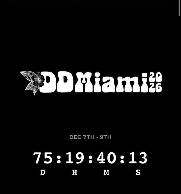 A countdown timer for "ROMiami 2026" showing 75 days, 19 hours, 40 minutes, and 13 seconds remaining until the December 7th-9th event, aligning with the post's teaser about 75 days until something surprising.
