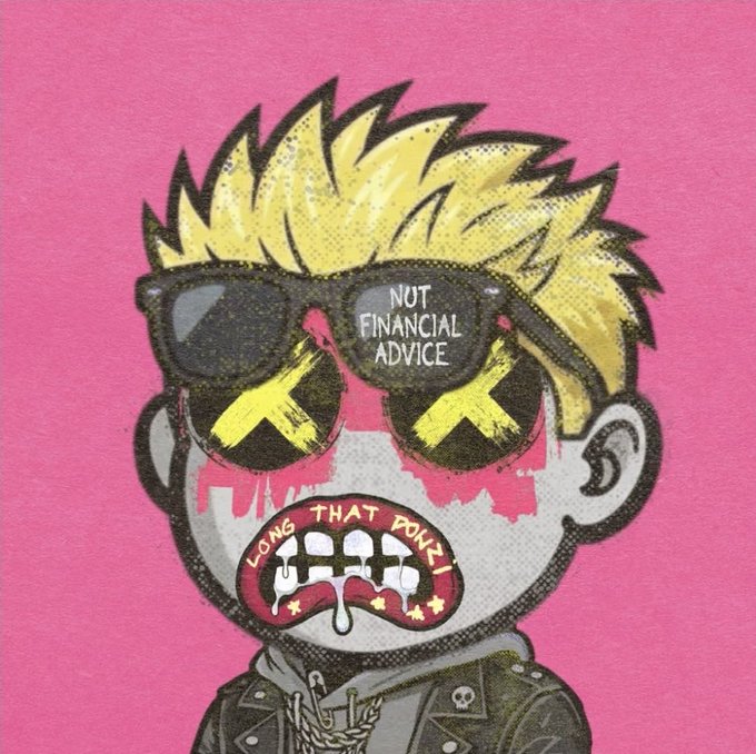 A cartoon-style illustration shows a character with spiky blonde hair wearing sunglasses that read 'NOT FINANCIAL ADVICE', with 'LONG THAT DOLLAR' written on their gritted teeth against a pink background.