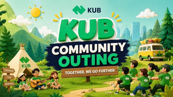 The image features a cartoon illustration of children playing outside, with a sign that reads "KUB Community Outing". There are several kids depicted in the scene, some sitting under a tree while others play near a car or bus. The overall atmosphere appears to be fun and engaging for both children and adults alike.