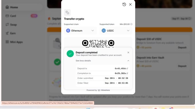 A cryptocurrency exchange interface shows a 'Deposit completed' notification for a USDC transfer on the Ethereum network, with transaction hashes and timestamps visible.