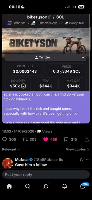 A screenshot of a Twitter/X post by 'biketyson' about a Solana token ('SOL'), showing a price of '$0.0003443' and displaying a picture of Mike Tyson on a bicycle with the text 'BIKETYSON'.