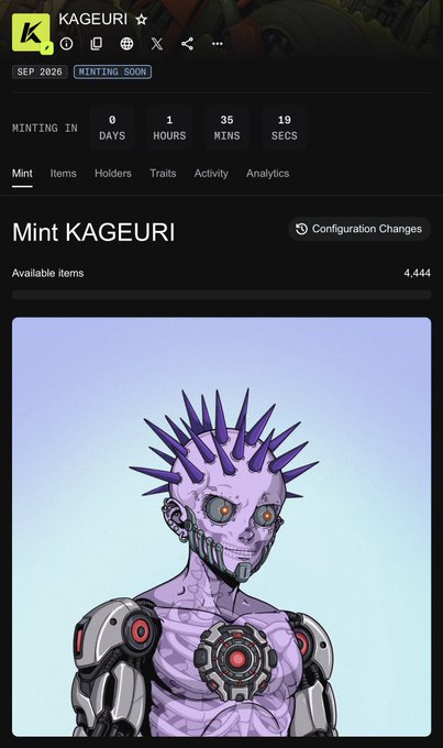A mobile screenshot of an NFT minting page for 'KAGEURI' showing a countdown of 0 days, 1 hour, 35 minutes, 19 seconds, with 4,444 available items and an illustration of a purple-skinned cybernetic humanoid character.