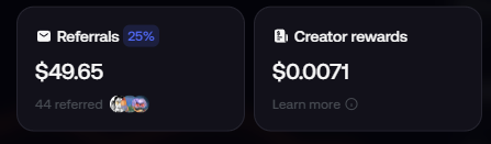 A dark-themed app interface showing 'Referrals' earnings of $49.65 from 44 referred users, alongside 'Creator rewards' of $0.0071.