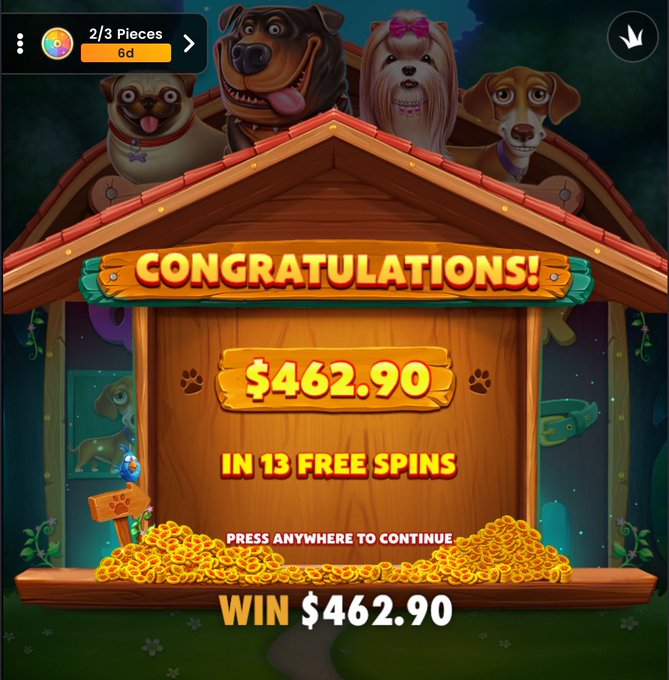 The image displays a mobile slot game win screen from "The Dog House" featuring a "CONGRATULATIONS!" message for a $462.90 win achieved in 13 free spins, displayed on a wooden doghouse with cartoon dogs and piles of gold coins. The caption relates to the image as promotional content showcasing a MetaWin casino win, emphasizing engagement and the user's gambling success.