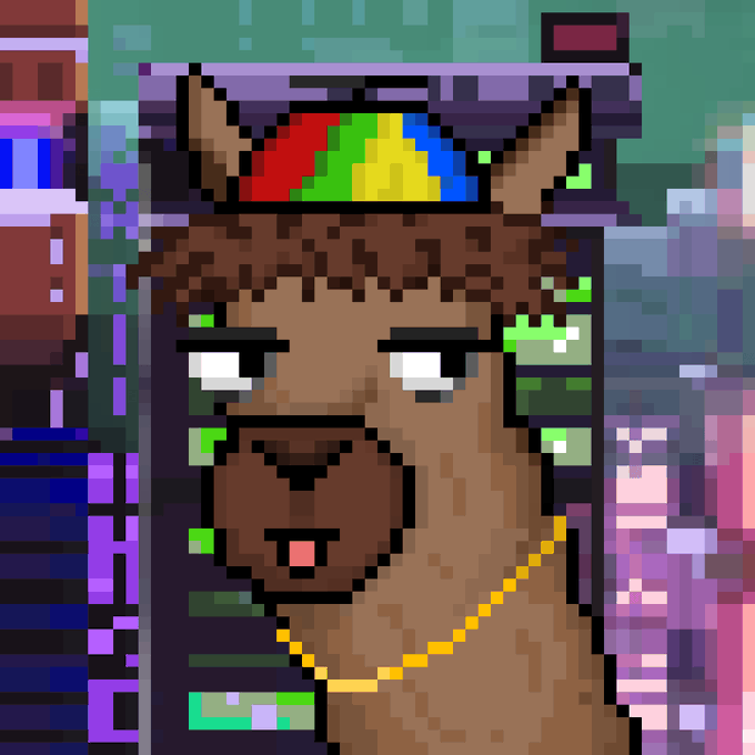 A pixel art image depicts a brown dog character wearing a colorful crown and a gold chain necklace against a colorful background.