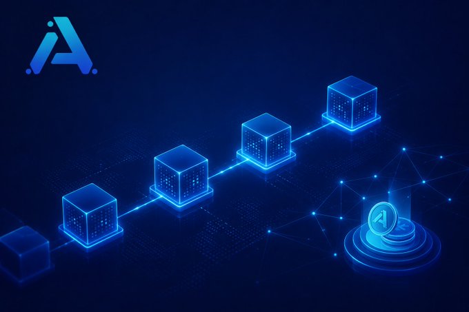 A blue digital illustration showing a chain of glowing blockchain blocks connected by lines, with the Arc Astra Network "A" logo in the top-left corner and an "AI" emblem on the right, visually representing the network's block production exceeding 3.4 million blocks.