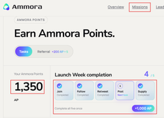 The image shows an Ammora Points dashboard with "1,350 AP" earned and "Launch Week completion" missions awarding up to "+1,050 AP," highlighting new ways to earn points as referenced in the post about Boost missions like Daily Roulette and Bridge tasks.