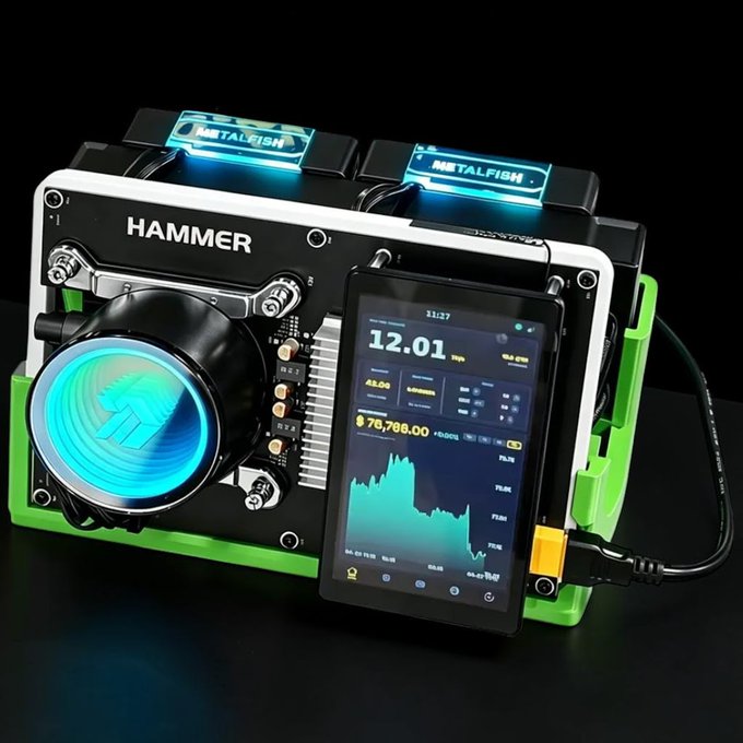 A 'HAMMER' branded cryptocurrency mining device by Metalfish, featuring illuminated fans, a Bitcoin logo, and a connected screen displaying Bitcoin price at $78,788.00 with a chart.