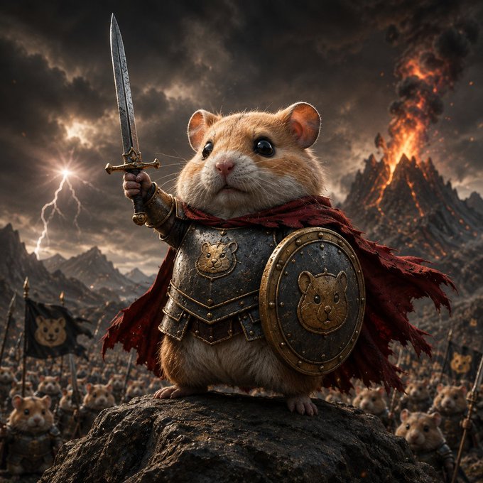 A digital artwork of an adorable hamster warrior wearing armor and a red cape, holding a sword aloft and a shield with a hamster emblem, standing on a rock with a burning volcano and hamster army in the background.