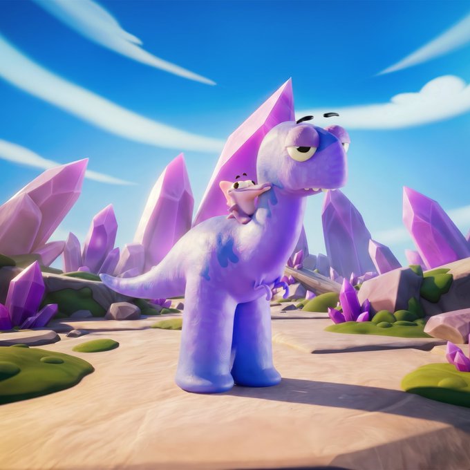 A 3D-rendered purple dinosaur with a small pink creature riding on its shoulder stands among large purple crystals in a sandy landscape under a blue sky.