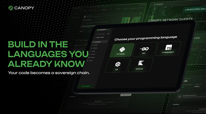 A Canopy Network promotional image with the text 'BUILD IN THE LANGUAGES YOU ALREADY KNOW - Your code becomes a sovereign chain,' showing a dashboard for choosing programming languages like Python, Go, TypeScript, C#, and Kotlin.