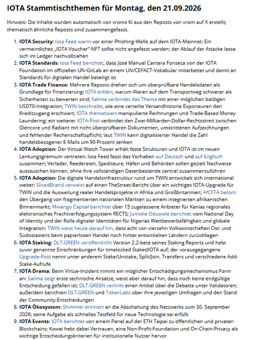 A German-language document titled 'IOTA Stammtischthemen für Montag, den 21.09.2026' lists 9 numbered topics covering IOTA Security, Standards, Trade Finance, Adoption, Drama, Staking, and Events.