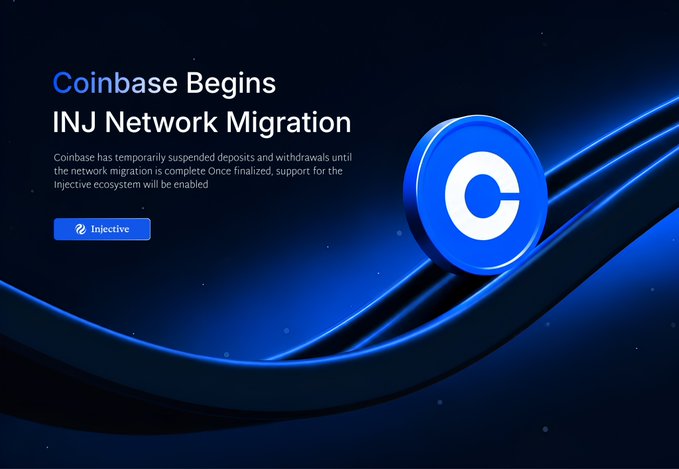Coinbase announcement banner stating 'Coinbase Begins INJ Network Migration,' noting that deposits and withdrawals are temporarily suspended until the Injective ecosystem migration is complete.