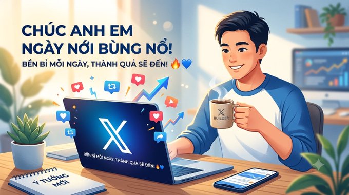 A cheerful cartoon illustration of a young man at a laptop with Vietnamese text reading 'CHÚC ANH EM NGÀY NÓI BÙNG NỞ!' wishing viewers a successful day.