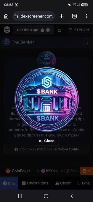 Mobile screenshot of dexscreener.com showing a token profile page for 'The Banker' featuring a $BANK coin graphic.