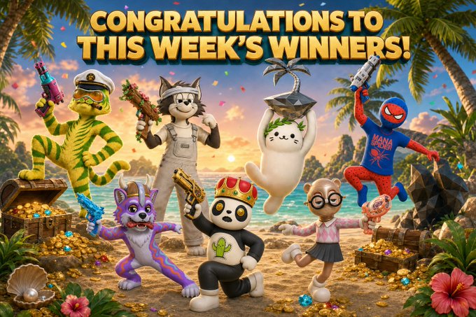 A 'Congratulations to This Week's Winners!' image featuring various PlayStation-themed characters including Sackboy, Spider-Man, Astro Bot, and others celebrating on a tropical beach.