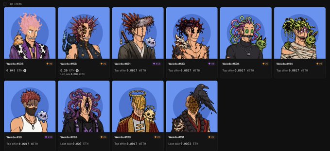 A screenshot of a collection called 'Wendou' featuring 14 NFT items with various character designs, showing top offer and last sale prices in ETH.