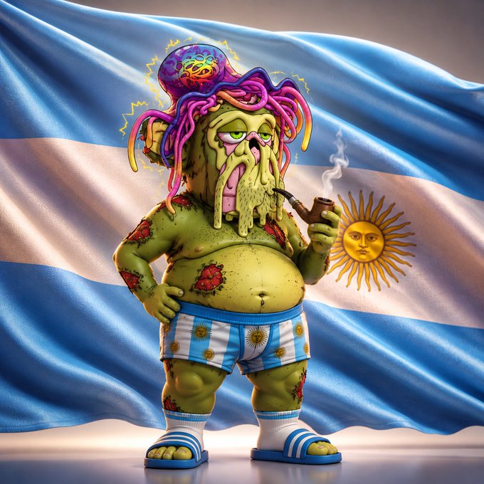 A cartoonish green zombie-like figure with oozing tentacles for hair, a psychedelic brain exposed on top of its head, and lesions across its body smokes a pipe while wearing Argentina-themed shorts and sandals, posed in front of a waving Argentine flag with the Sun of May. The image humorously illustrates the user's "fried brain" from too much late-night World Cup viewing, depicting the sleep-deprived, unraveling state of mind from marathon football watching before the Spain vs. Portugal match.