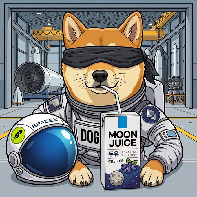 A digital cartoon illustration of a Shiba Inu dog dressed as an astronaut with a blindfold, sitting next to a SpaceX helmet, a juice box labeled 'MOON JUICE', and a 'DOG' name tag.