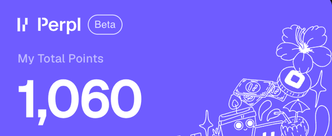 A purple "Perpl Beta" dashboard displays "My Total Points: 1,060" alongside decorative line illustrations of a hibiscus flower, tropical drinks, and beach umbrellas. The image visually represents the user's current Perpl trading points total as referenced in their farming strategy post, which explains how they earned 231 points and $2.6M in volume by trading SOL and BTC.