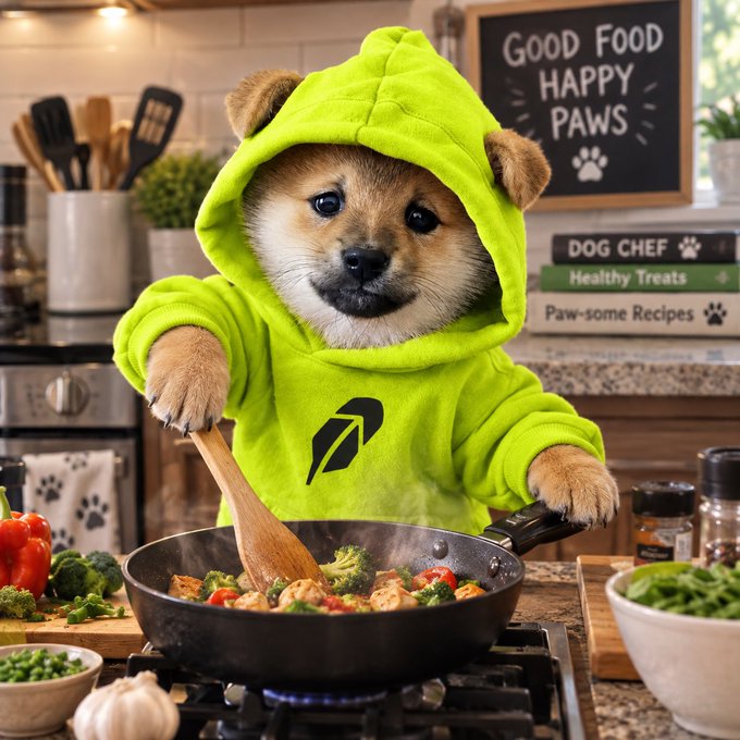 An AI-generated image of a puppy wearing a green hoodie designed to look like a Shrek-style ogre costume, cooking food in a skillet in a kitchen with a chalkboard reading "Good Food Happy Paws" and books titled "Dog Chef: Healthy Treats" and "Paw-some Recipes."