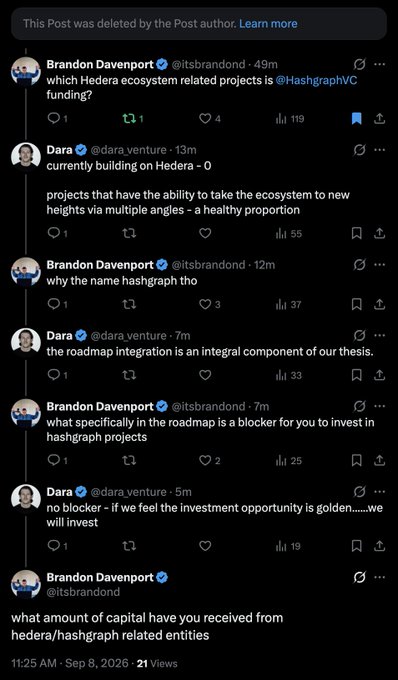 A Twitter/X thread screenshot showing a conversation between Brandon Davenport (@itsbrandond) and Dara (@dara.venture) discussing Hedera ecosystem projects and Hashgraph funding, with a notice that the post was deleted by the author.