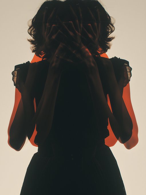 A silhouette of a woman covering her face with both hands against a cream background, backlit by an orange-red glow that creates a dramatic, mysterious effect.