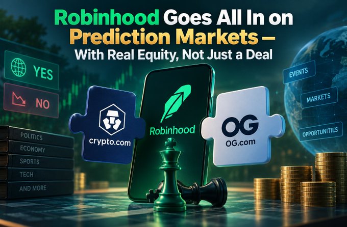 Article-style graphic titled 'Robinhood Goes All In on Prediction Markets — With Real Equity, Not Just a Deal', featuring puzzle pieces for 'crypto.com' and 'OG.com', along with YES/NO buttons, chess pieces, gold coins, and category labels like POLITICS, ECONOMY, SPORTS, and TECH.
