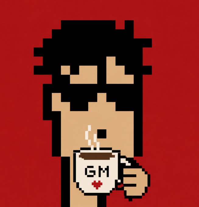 Pixel art illustration on a dark red background showing a person with black hair and sunglasses holding a mug labeled 'GM' with a heart symbol, a common crypto 'Good Morning' meme.