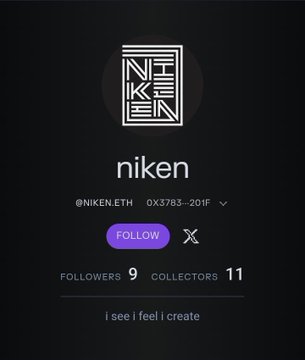 Profile page for 'niken' with handle @NIKEN.ETH, showing 9 followers, 11 collectors, a purple 'FOLLOW' button, and the tagline 'i see i feel i create'.