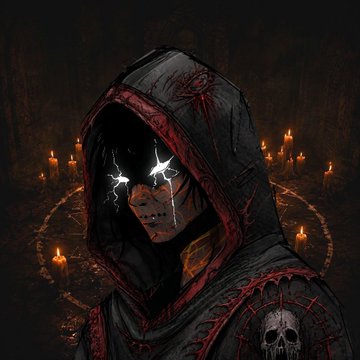 Digital artwork featuring a hooded, dark-clothed figure with glowing white, star-shaped eyes and dark markings on their face, surrounded by lit candles and skull motifs.