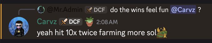 A Discord conversation shows user @Mr.Admin asking @Carvz "do the wins feel fun?" at 2:08 AM, with Carvz responding that they hit "10x twice farming more sol," highlighting enthusiastic early gameplay impressions just 8 minutes into the new beta testing.
